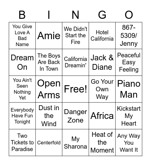 SINGO 70's and 80's Bingo Card