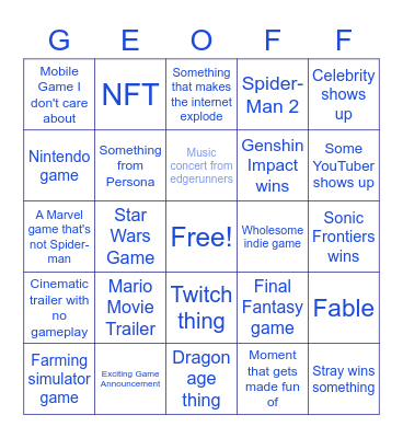 Game Awards Bingo Card