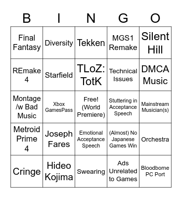 Game Awards 2022 Bingo Card