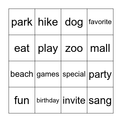 Darby's Birthday Party Bingo Card