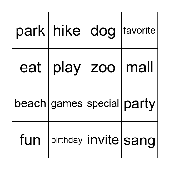 Darby's Birthday Party Bingo Card