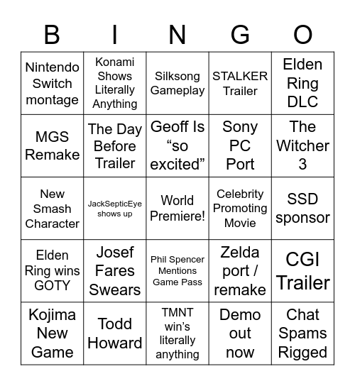 Game Awards 2022 Bingo Card