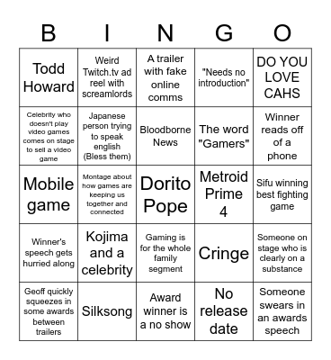 TGA Awards Bingo Card