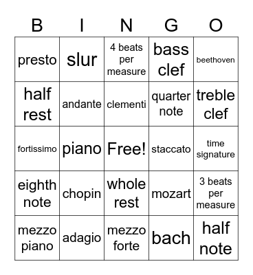 Musical Bingo Card