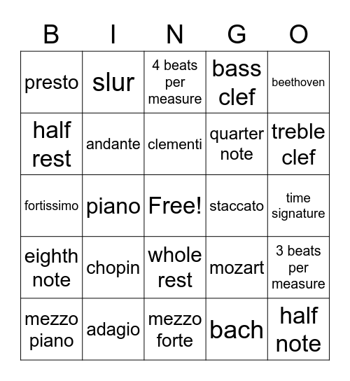 Musical Bingo Card