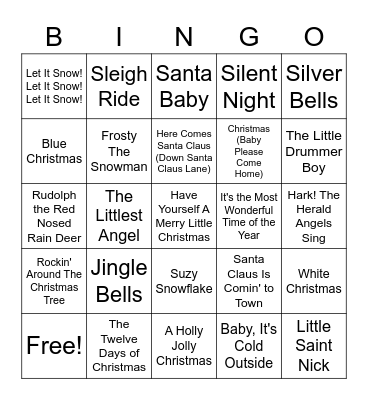 Traditional Holiday Songs "Merry Christmas" Bingo Card