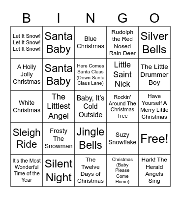 Traditional Holiday Songs "Merry Christmas" Bingo Card