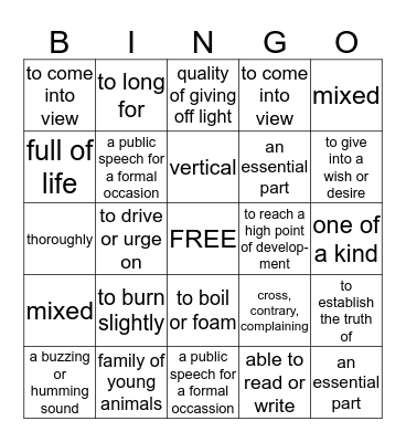 Vocabulary Joseph Stryker Bingo Card