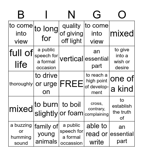 Vocabulary Joseph Stryker Bingo Card