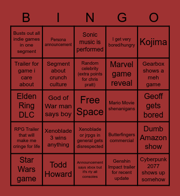 Game Awards Bingo Card