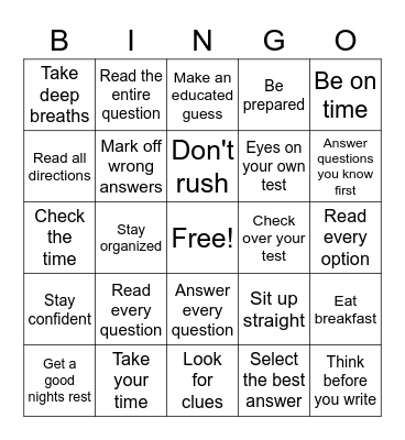 Test Taking Stratagies Bingo Card