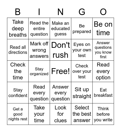Test Taking Stratagies Bingo Card