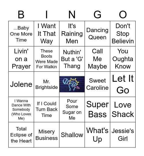 Billboard Top Karaoke Songs Bingo Card