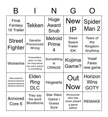 Game Awards BINGO Card