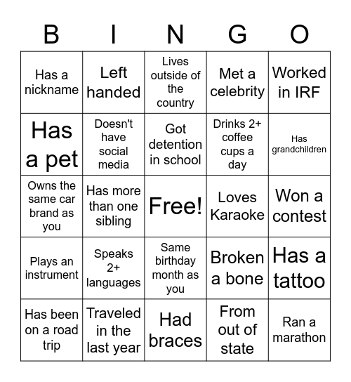 Icebreaker Bingo Card