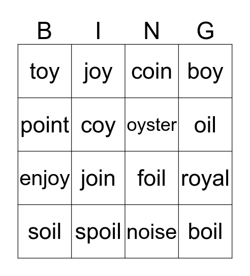 "oi" & "oy" Bingo Card