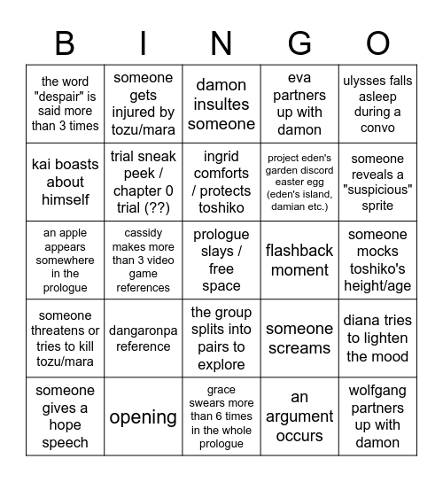 project eden's garden prologue / chapter 0 bingo Card