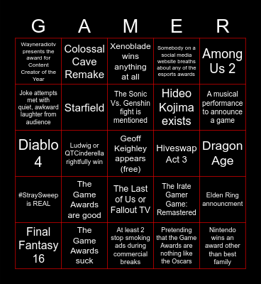 Game Awards 2022 Bingo Card