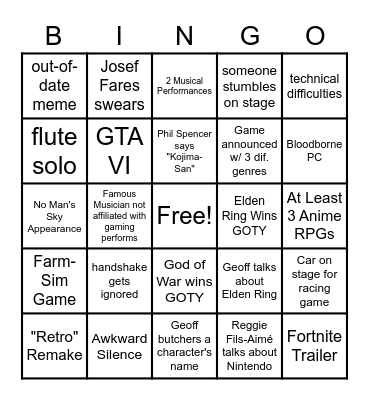 Game Awards 2022 Bingo Card Bingo Card