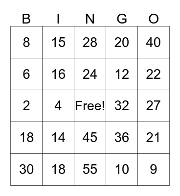 Multiplication  Bingo Card