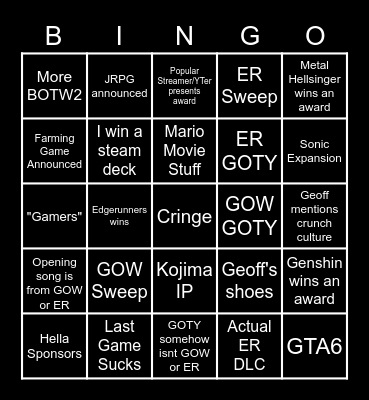 TGA 2022 Bingo Card