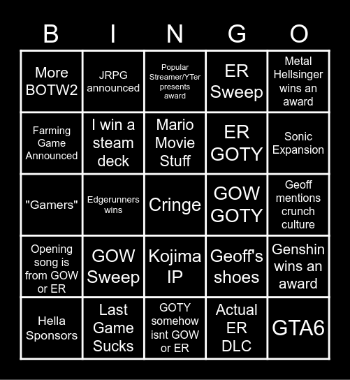 TGA 2022 Bingo Card