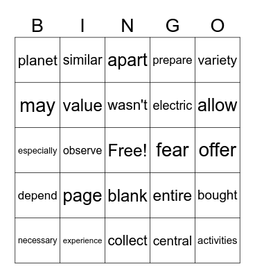 Vocab Bingo! Bingo Card