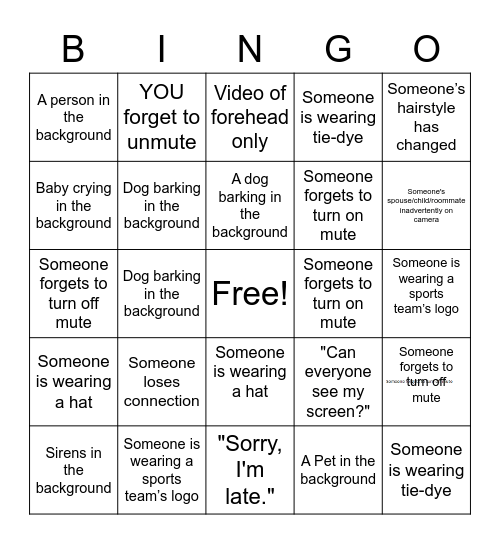 VIrtual Training BINGO Card