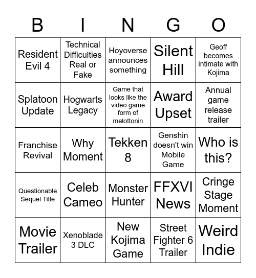 TGA Bingo Card