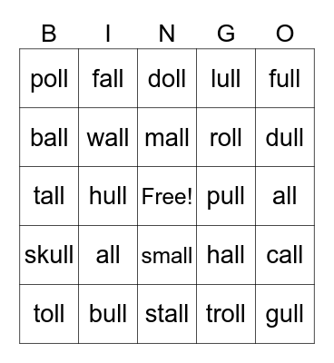 All, oll, ull words Bingo Card
