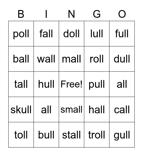 All, oll, ull words Bingo Card