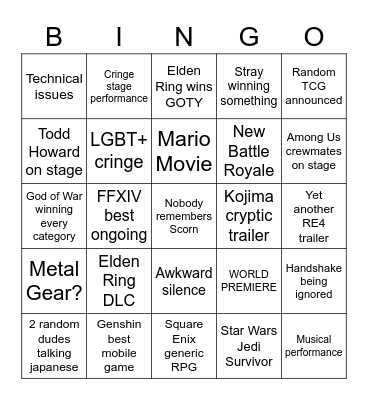 Game Awards 2022 Bingo Card