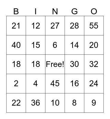 Multiplication Bingo Card