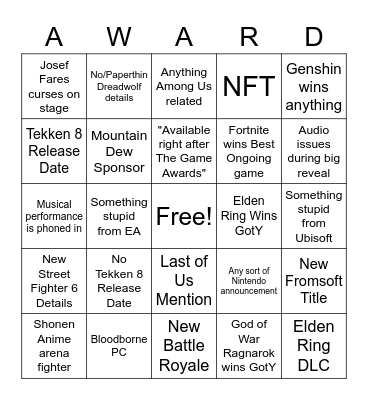 Game Awards Bingo Card