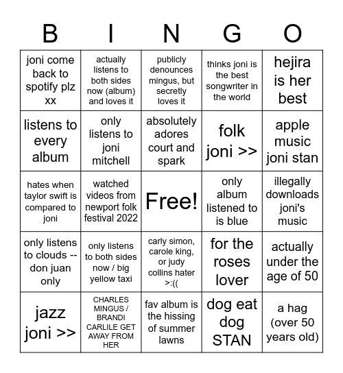 joni mitchell bingo !! Bingo Card