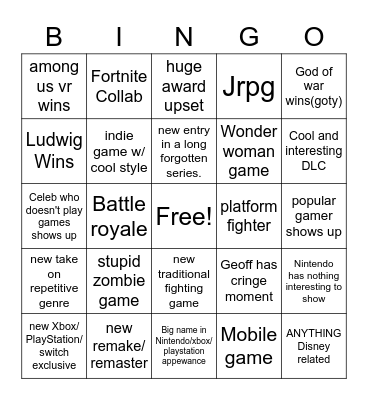 The game awards 2022 Bingo Card