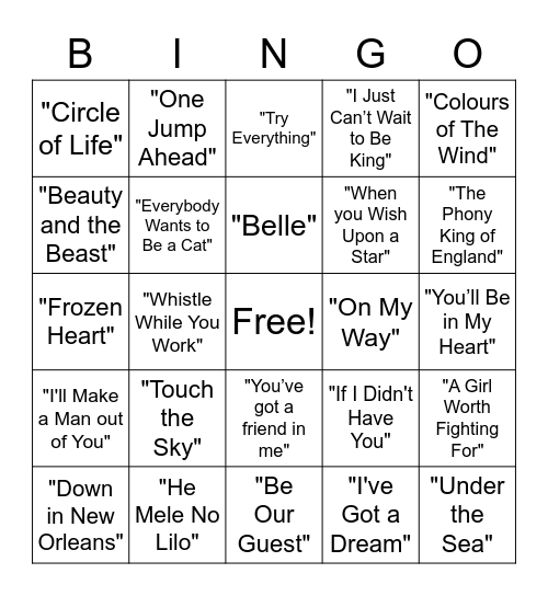 Musical Bingo - Disney  Bingo Card