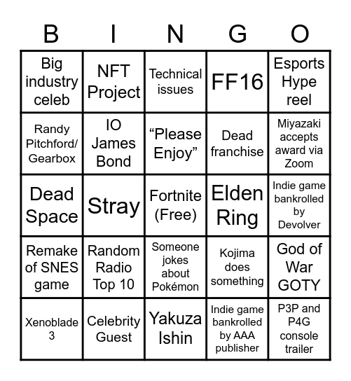 TGA 2022 Boingo Bingo Card