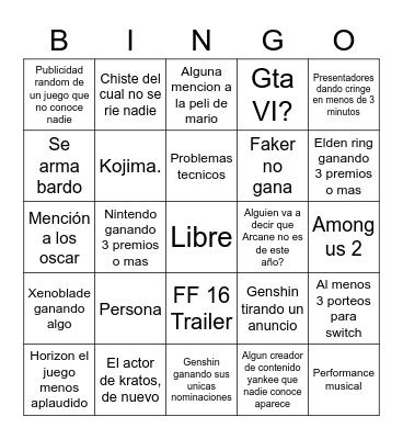 Game awards 2022 Bingo Card