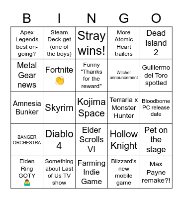 The Game Awards 2022 (Insanity Edition) Bingo Card