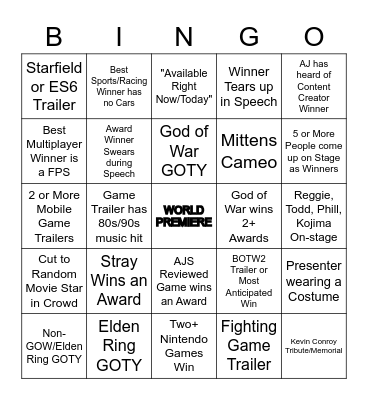 AJSA Game Awards 2022 BINGO Card