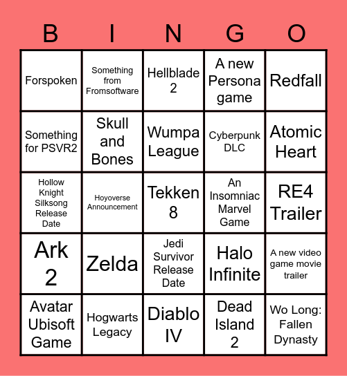 Game Awards Bingo Card