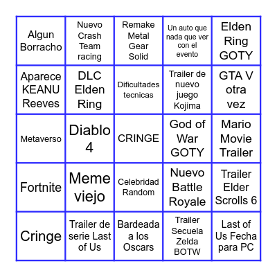 Bingo de los Game Awards Bingo Card