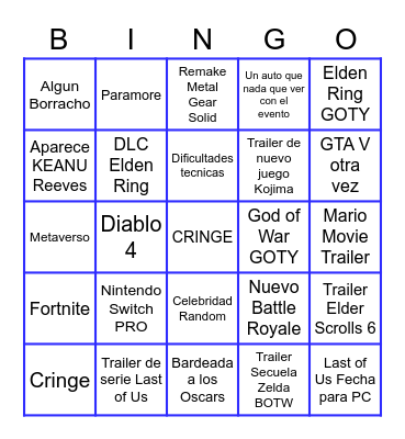 Bingo de los Game Awards Bingo Card