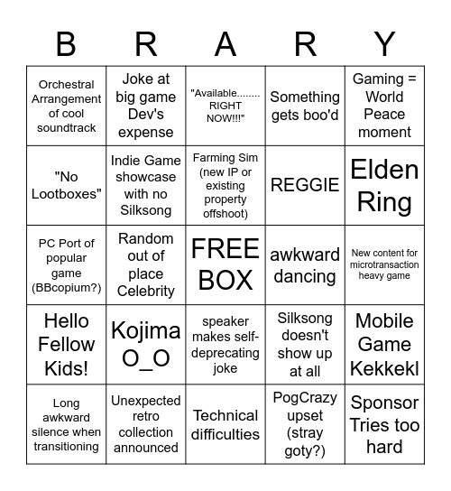 Game Awards Bingo Card