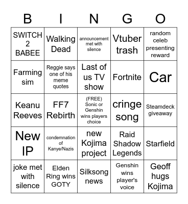 Game Awards 2022 Bingo Card