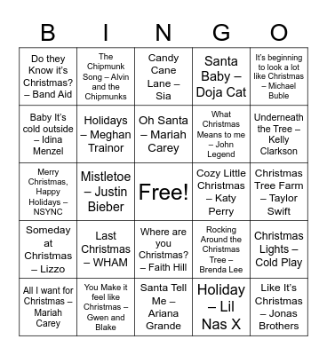 Christmas Pop Bingo 1 Bingo Card