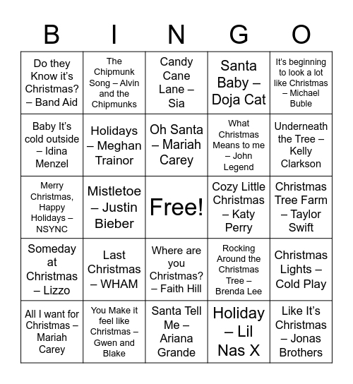 Christmas Pop Bingo 1 Bingo Card