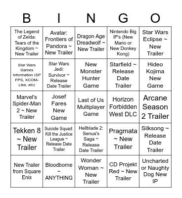 Game Awards 2022 Bingo Card