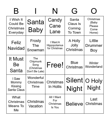 Holiday Songs Bingo Card